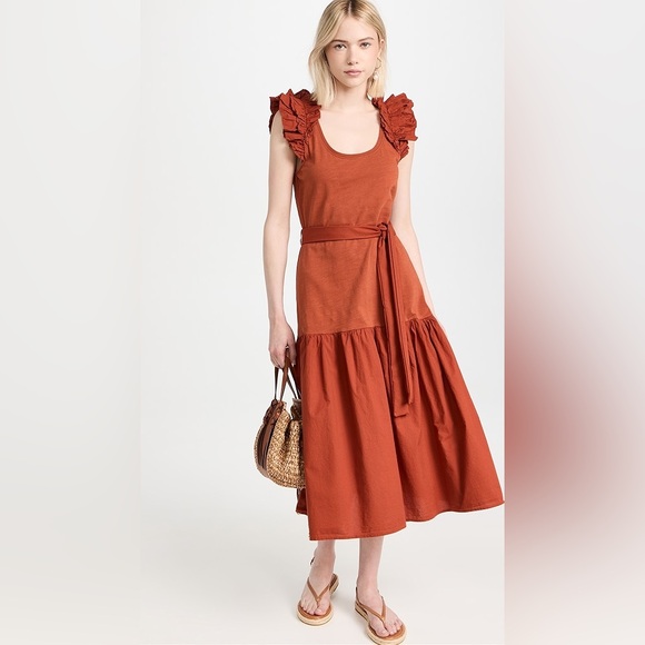 Nation LTD Everleigh Frilly Midi‎ Dress Cayenne Size Medium - Picture 1 of 5